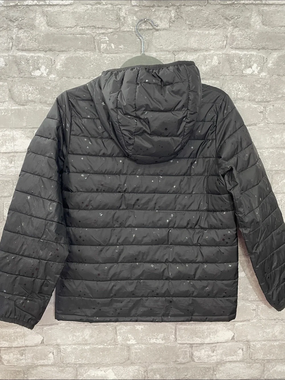 GAP Black Hooded Quilted Puffer with Star Speckle